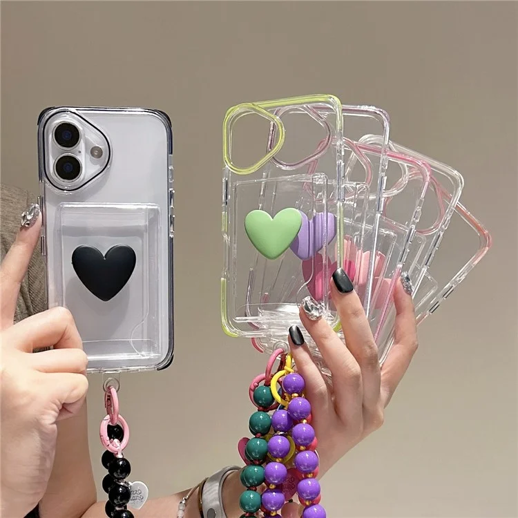 For iPhone 16 Case Card Holder Transparent PC + TPU Shockproof Phone Cover with Beaded Wrist Strap - Plum
