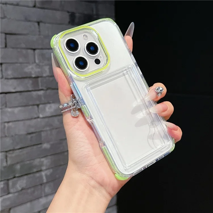 For iPhone 16 Pro Max Case Transparent PC + TPU Shockproof Phone Cover with Card Holder - Fluorescent Green