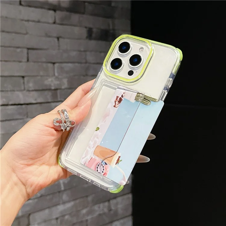 For iPhone 16 Pro Max Case Transparent PC + TPU Shockproof Phone Cover with Card Holder - Fluorescent Green