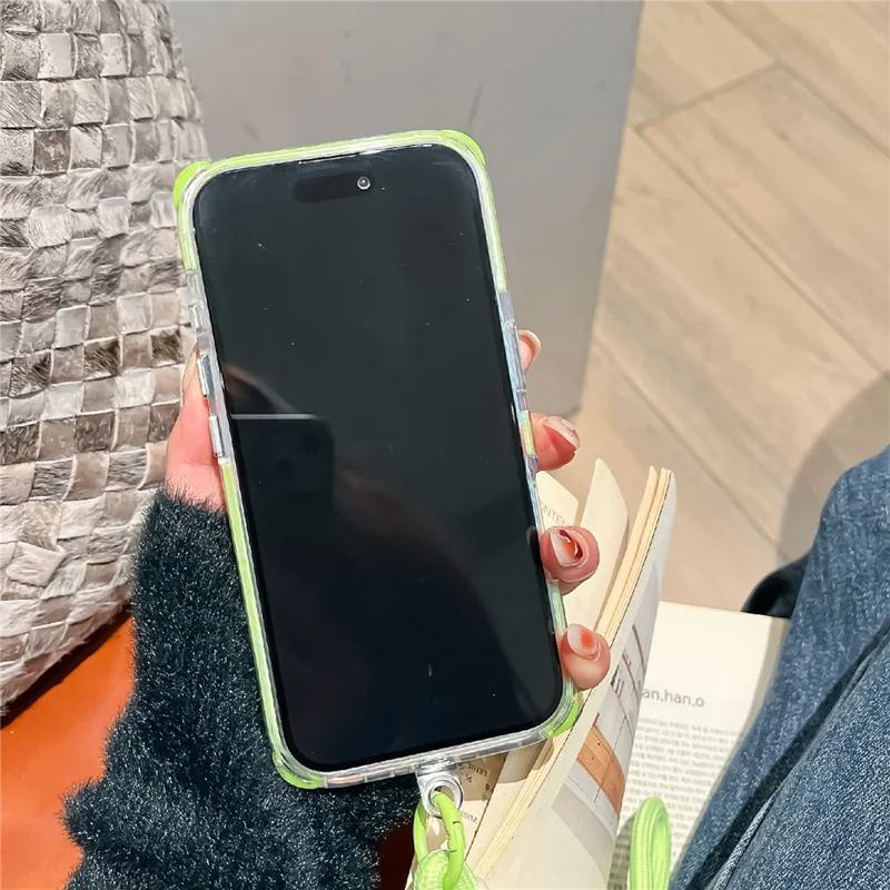 For iPhone 16 Case Card Holder Transparent PC + TPU Reinforced Corners Phone Cover with Wrist Strap - Fluorescent Green