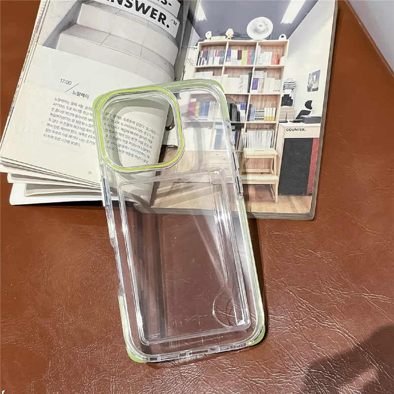 For iPhone 16 Case Card Holder Transparent PC + TPU Reinforced Corners Phone Cover with Wrist Strap - Fluorescent Green