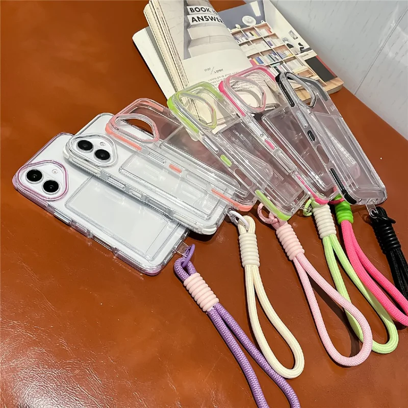 For iPhone 16 Case Card Holder Transparent PC + TPU Reinforced Corners Phone Cover with Wrist Strap - Fluorescent Green