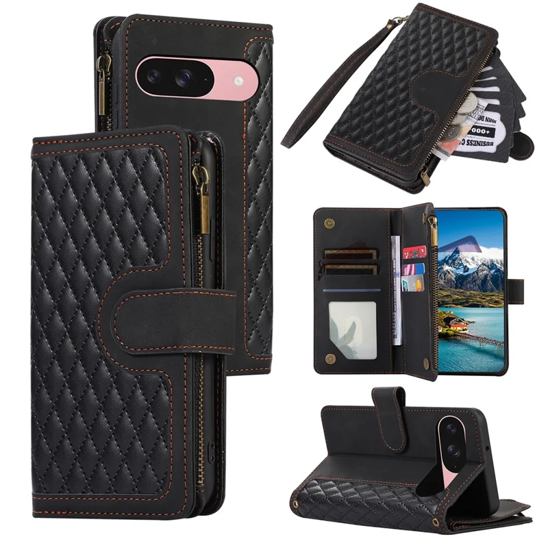 For Google Pixel 9 / 9 Pro Case 9 Card Slots Rhombus Design Leather Phone Cover with Wrist Strap - Black