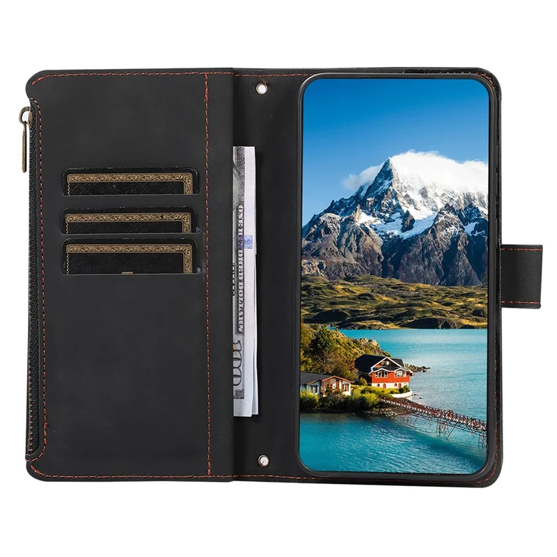 For Google Pixel 9 / 9 Pro Case 9 Card Slots Rhombus Design Leather Phone Cover with Wrist Strap - Black