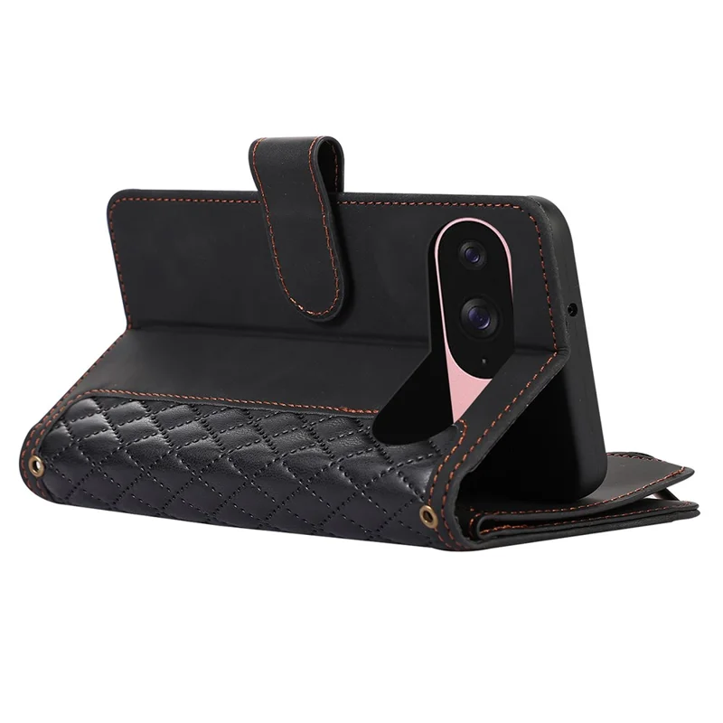 For Google Pixel 9 / 9 Pro Case 9 Card Slots Rhombus Design Leather Phone Cover with Wrist Strap - Black