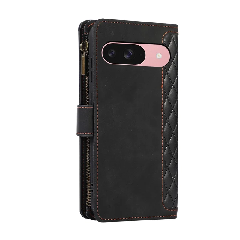 For Google Pixel 9 / 9 Pro Case 9 Card Slots Rhombus Design Leather Phone Cover with Wrist Strap - Black
