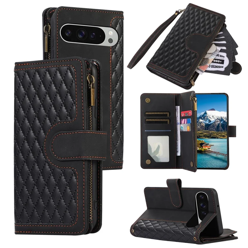 For Google Pixel 9 Pro XL Case 9 Card Slots Rhombus Design Leather Phone Cover with Wrist Strap - Black