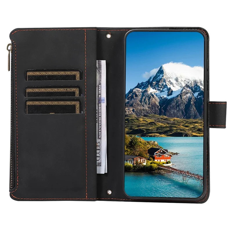 For Google Pixel 9 Pro XL Case 9 Card Slots Rhombus Design Leather Phone Cover with Wrist Strap - Black