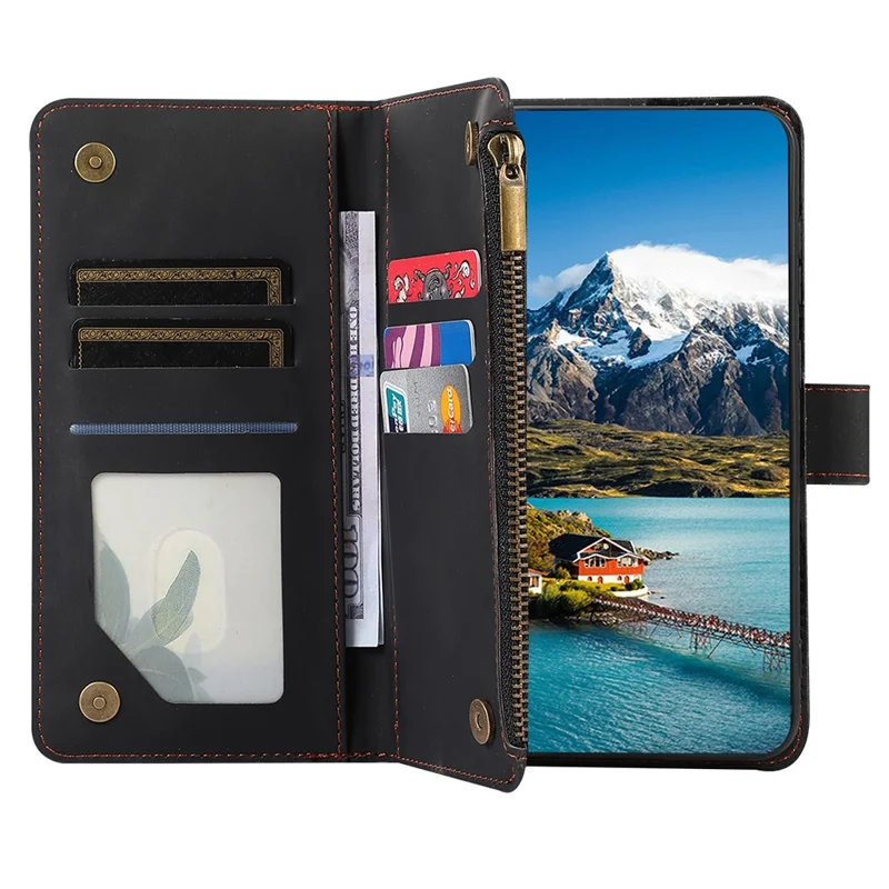 For Google Pixel 9 Pro XL Case 9 Card Slots Rhombus Design Leather Phone Cover with Wrist Strap - Black