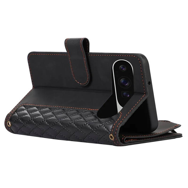 For Google Pixel 9 Pro XL Case 9 Card Slots Rhombus Design Leather Phone Cover with Wrist Strap - Black