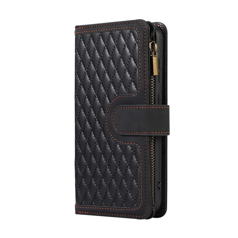 For Google Pixel 9 Pro XL Case 9 Card Slots Rhombus Design Leather Phone Cover with Wrist Strap - Black