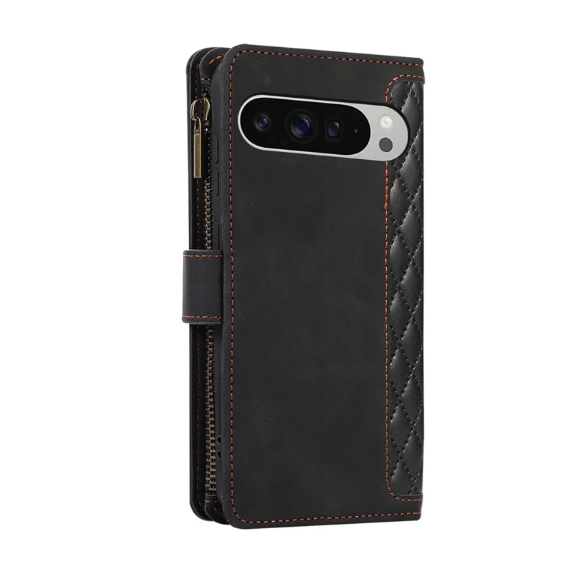 For Google Pixel 9 Pro XL Case 9 Card Slots Rhombus Design Leather Phone Cover with Wrist Strap - Black