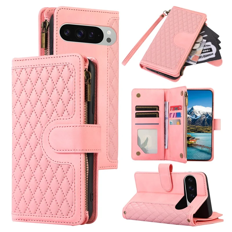 For Google Pixel 9 Pro XL Case 9 Card Slots Rhombus Design Leather Phone Cover with Wrist Strap - Rose Gold