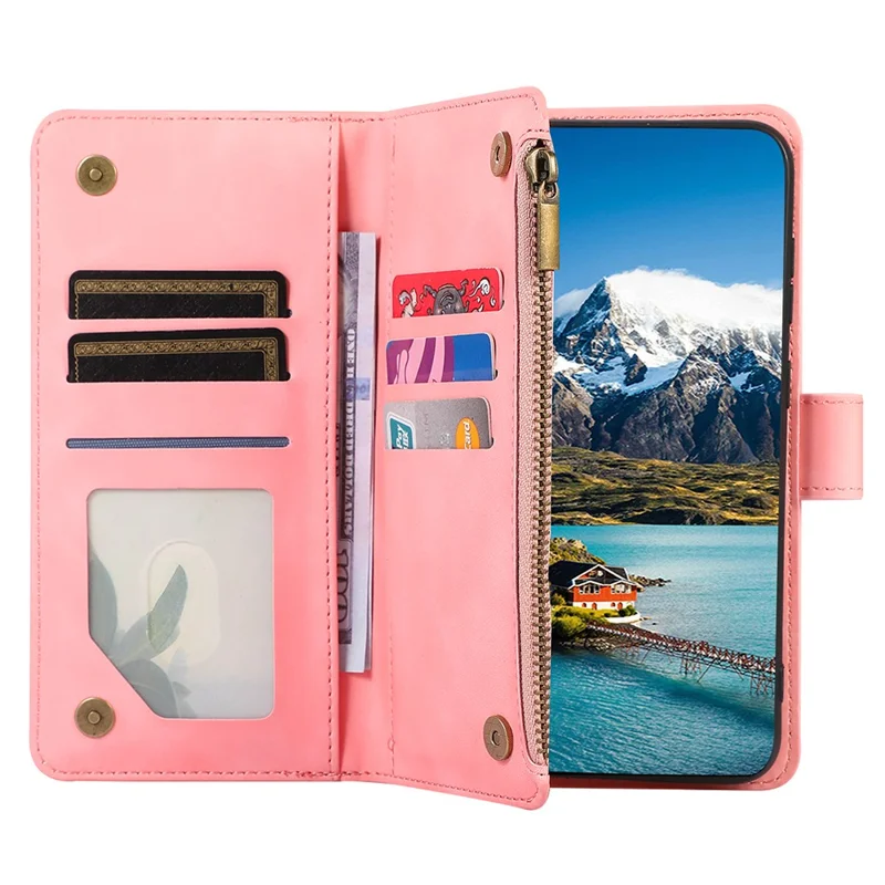 For Google Pixel 9 Pro XL Case 9 Card Slots Rhombus Design Leather Phone Cover with Wrist Strap - Rose Gold