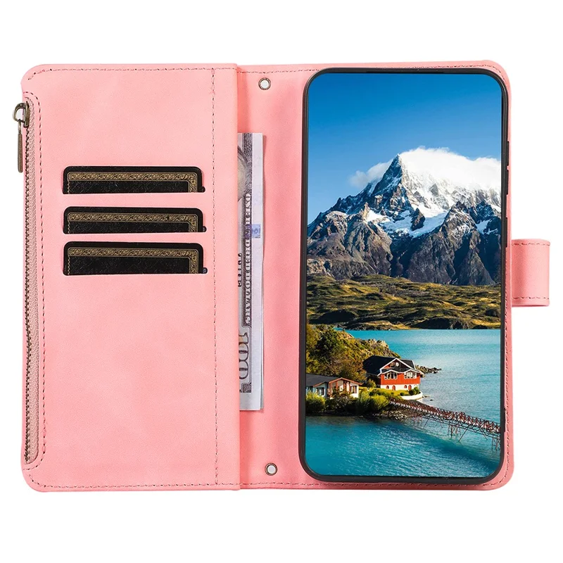For Google Pixel 9 Pro XL Case 9 Card Slots Rhombus Design Leather Phone Cover with Wrist Strap - Rose Gold