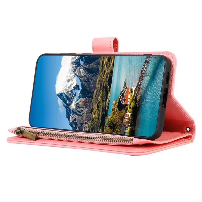 For Google Pixel 9 Pro XL Case 9 Card Slots Rhombus Design Leather Phone Cover with Wrist Strap - Rose Gold
