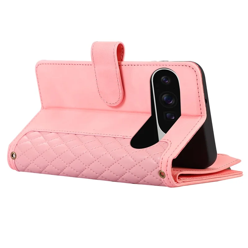 For Google Pixel 9 Pro XL Case 9 Card Slots Rhombus Design Leather Phone Cover with Wrist Strap - Rose Gold