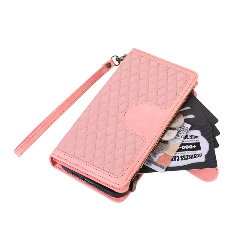 For Google Pixel 9 Pro XL Case 9 Card Slots Rhombus Design Leather Phone Cover with Wrist Strap - Rose Gold