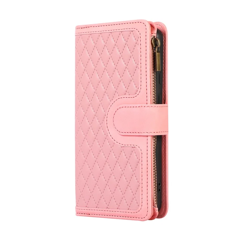 For Google Pixel 9 Pro XL Case 9 Card Slots Rhombus Design Leather Phone Cover with Wrist Strap - Rose Gold