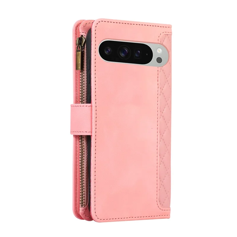 For Google Pixel 9 Pro XL Case 9 Card Slots Rhombus Design Leather Phone Cover with Wrist Strap - Rose Gold