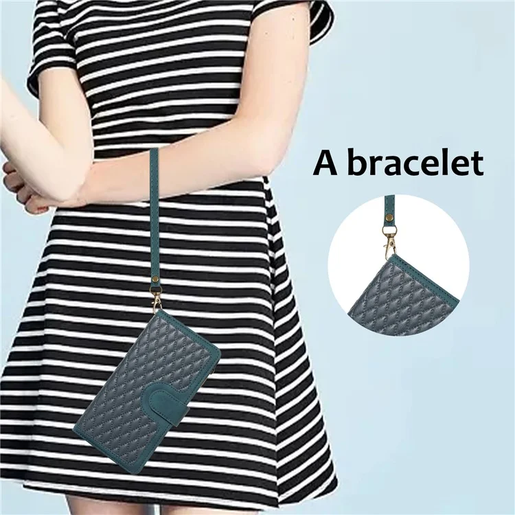 For iPhone 16e Case 9 Card Slots Rhombus Design Leather Phone Cover with Wrist Strap - Green
