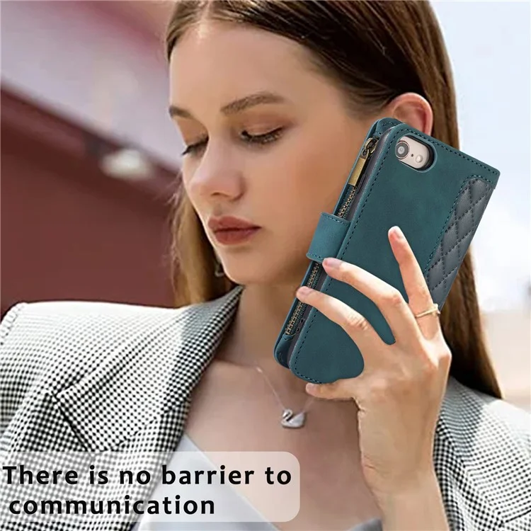 For iPhone 16e Case 9 Card Slots Rhombus Design Leather Phone Cover with Wrist Strap - Green