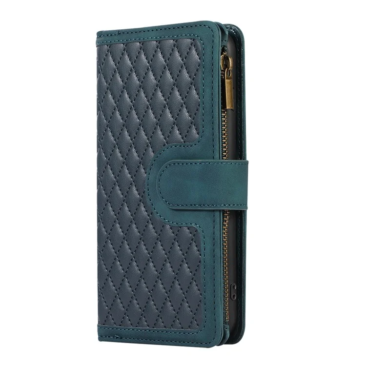 For iPhone 16e Case 9 Card Slots Rhombus Design Leather Phone Cover with Wrist Strap - Green