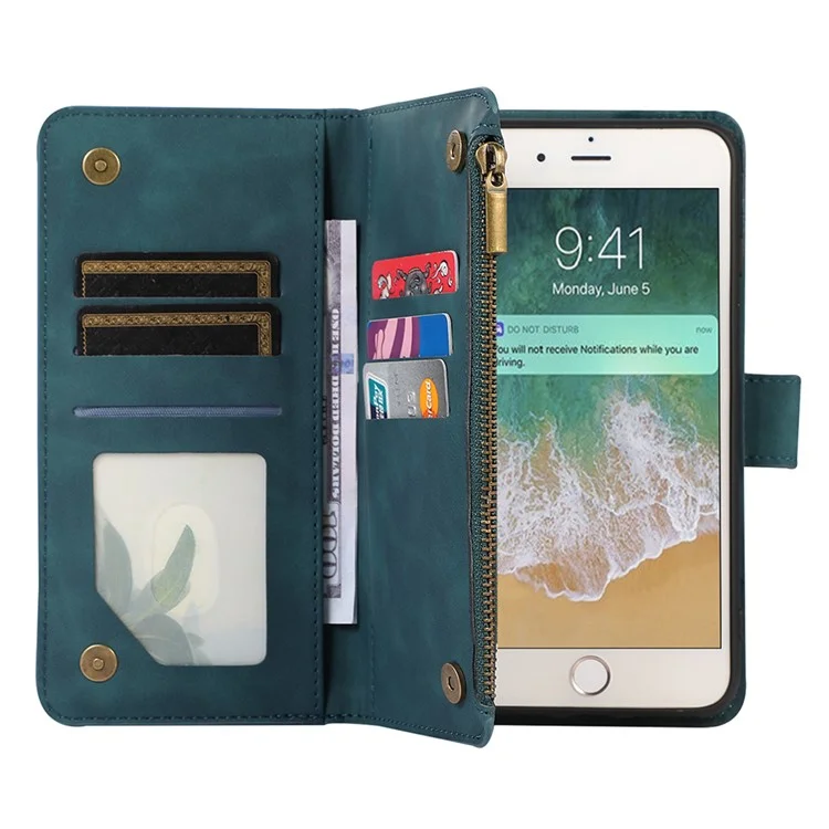 For iPhone 16e Case 9 Card Slots Rhombus Design Leather Phone Cover with Wrist Strap - Green