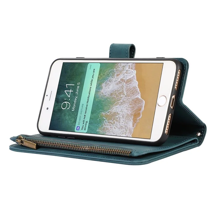 For iPhone 16e Case 9 Card Slots Rhombus Design Leather Phone Cover with Wrist Strap - Green