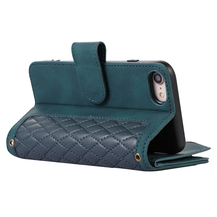 For iPhone 16e Case 9 Card Slots Rhombus Design Leather Phone Cover with Wrist Strap - Green
