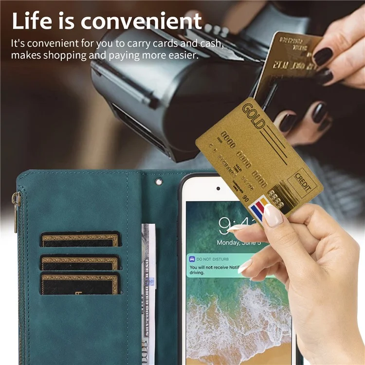 For iPhone 16e Case 9 Card Slots Rhombus Design Leather Phone Cover with Wrist Strap - Green