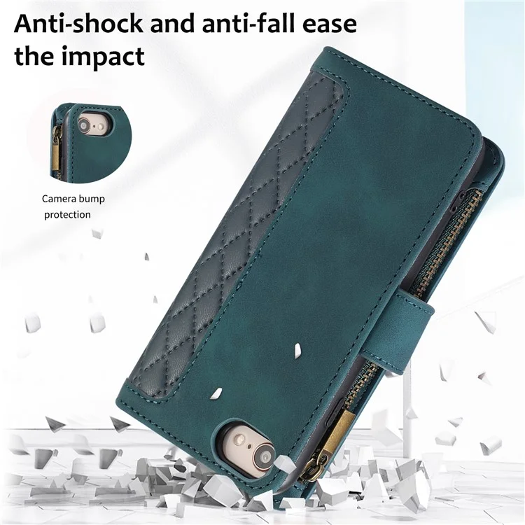 For iPhone 16e Case 9 Card Slots Rhombus Design Leather Phone Cover with Wrist Strap - Green
