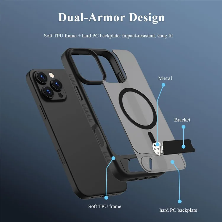 LEREACH Le-Chic Series For iPhone 16 Pro Max Case Compatible with MagSafe Kickstand TPU + PC Phone Cover - Black