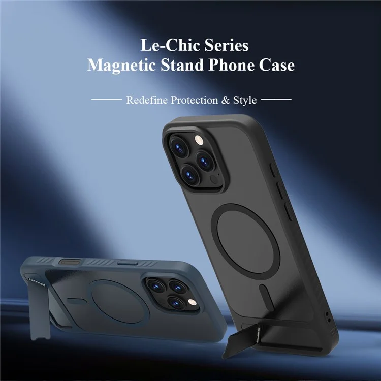 LEREACH Le-Chic Series For iPhone 16 Pro Max Case Compatible with MagSafe Kickstand TPU + PC Phone Cover - Black
