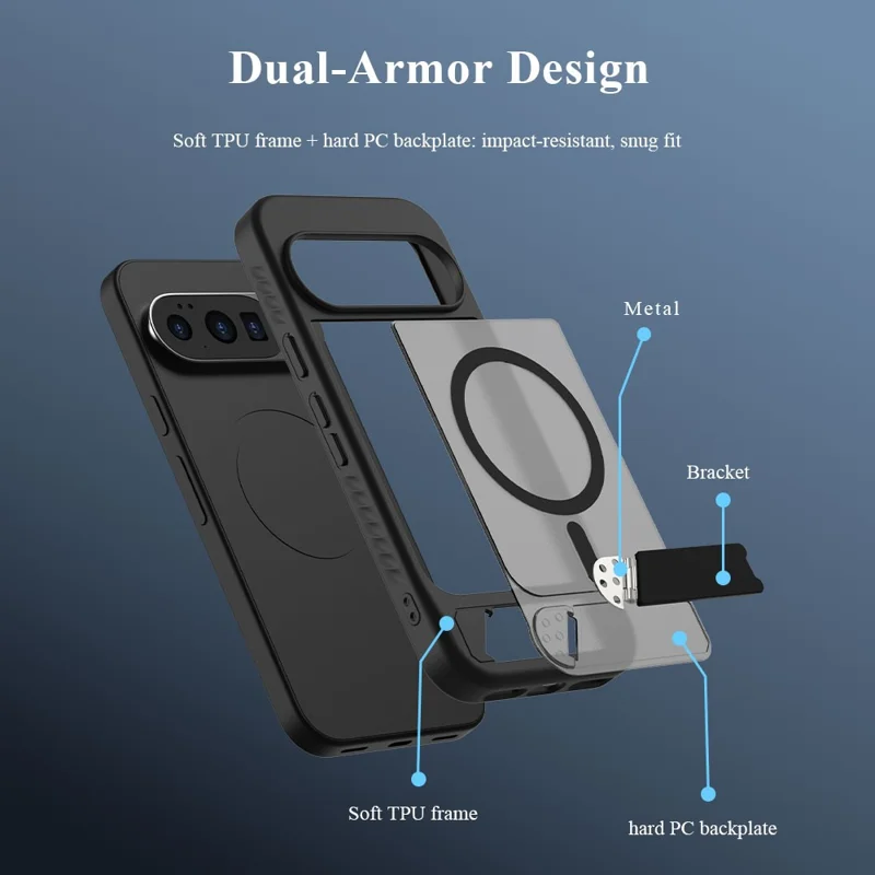 LEREACH Le-Chic Series Phone Case For Google Pixel 10 / 10 Pro / 9 / 9 Pro , Magnetic Case Kickstand TPU + PC Cover - Blue