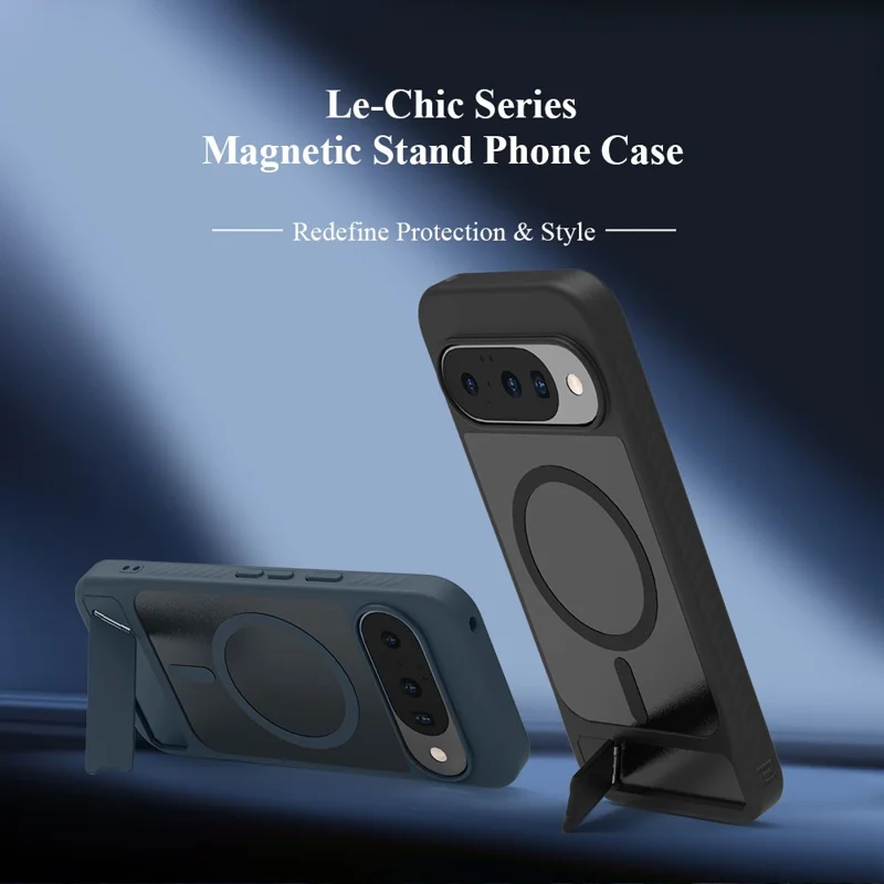 LEREACH Le-Chic Series Phone Case For Google Pixel 10 / 10 Pro / 9 / 9 Pro , Magnetic Case Kickstand TPU + PC Cover - Blue