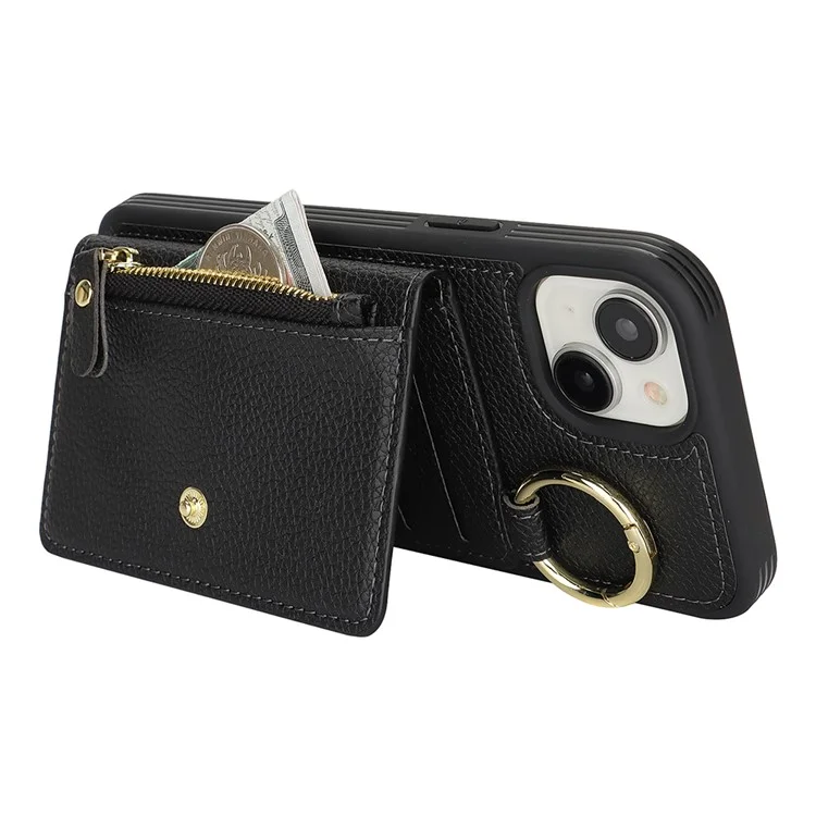 For iPhone 14 / 13 Case Litchi Textured PU Leather + TPU Kickstand Phone Cover with Card Slot - Black