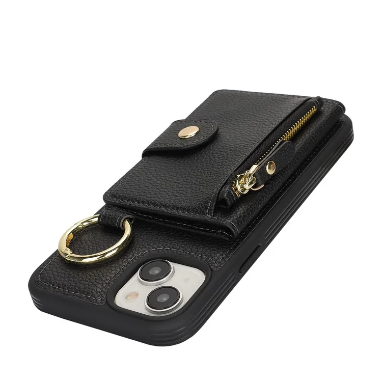 For iPhone 14 / 13 Case Litchi Textured PU Leather + TPU Kickstand Phone Cover with Card Slot - Black
