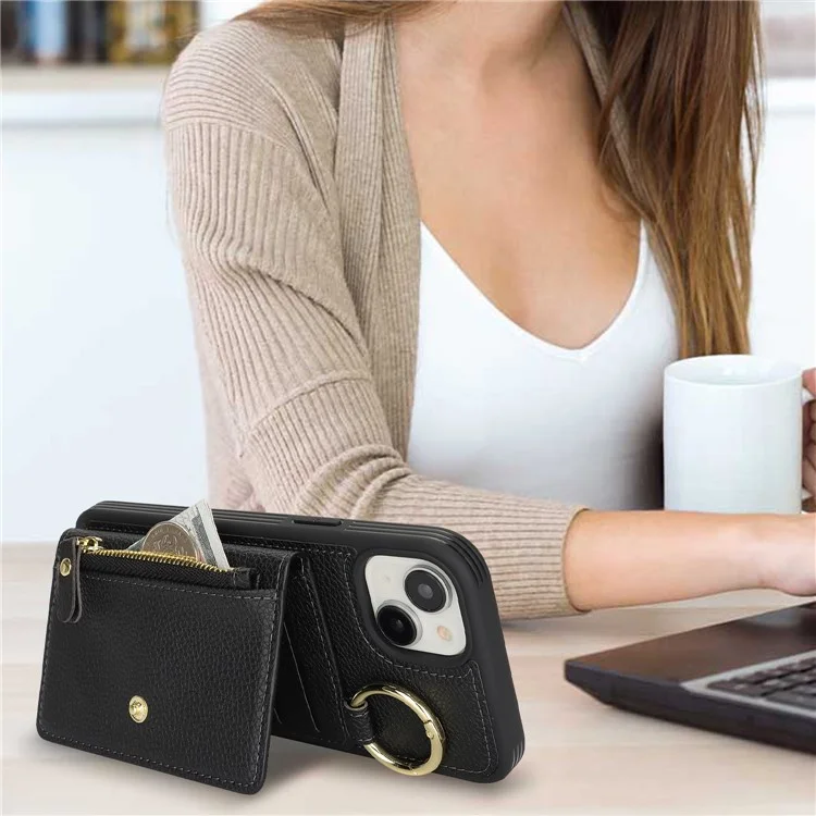 For iPhone 14 / 13 Case Litchi Textured PU Leather + TPU Kickstand Phone Cover with Card Slot - Black