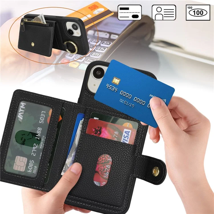 For iPhone 14 / 13 Case Litchi Textured PU Leather + TPU Kickstand Phone Cover with Card Slot - Black