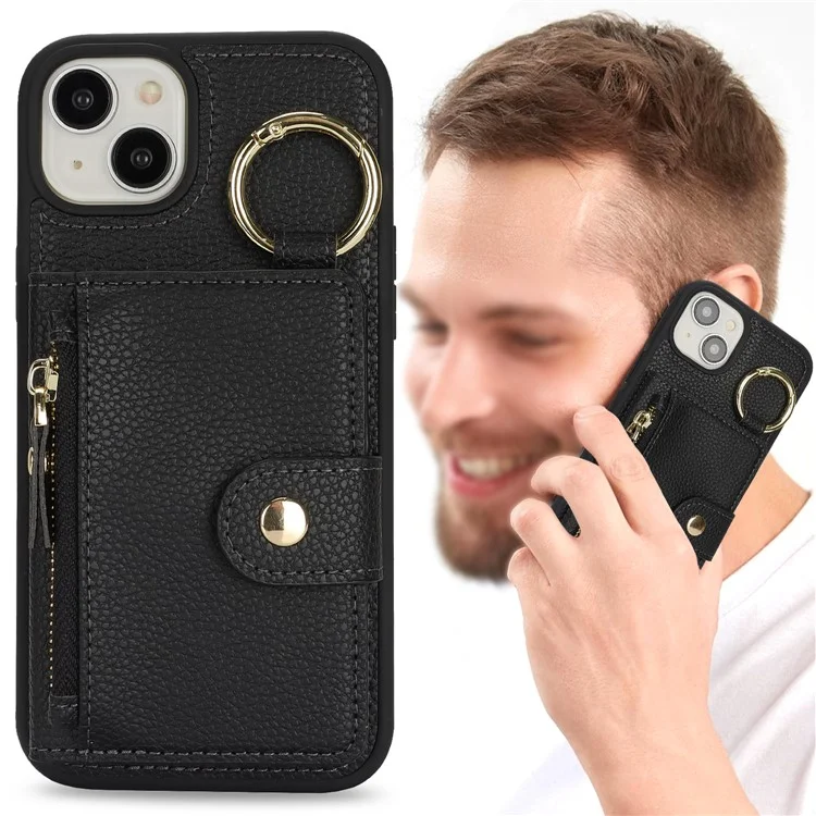 For iPhone 14 / 13 Case Litchi Textured PU Leather + TPU Kickstand Phone Cover with Card Slot - Black