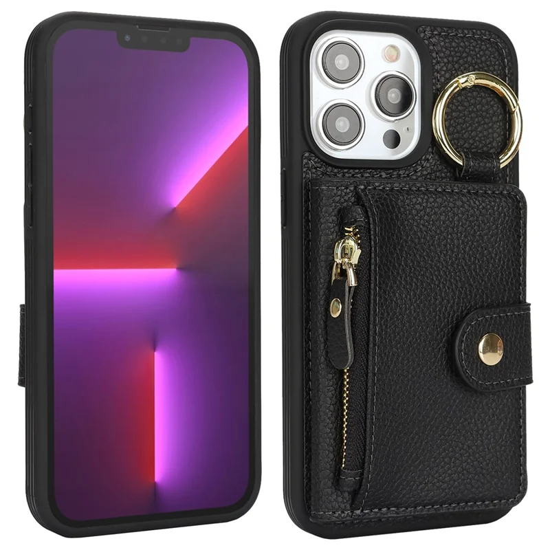 For iPhone 13 Pro Max / 12 Pro Max Case Litchi Textured PU Leather + TPU Kickstand Phone Cover with Card Slot - Black