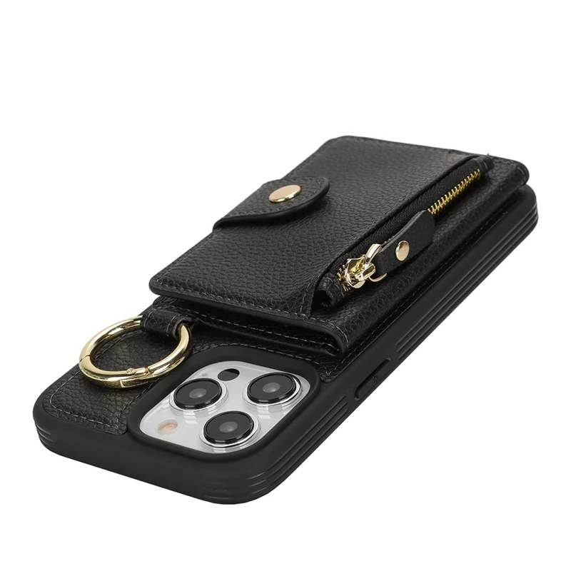 For iPhone 13 Pro Max / 12 Pro Max Case Litchi Textured PU Leather + TPU Kickstand Phone Cover with Card Slot - Black