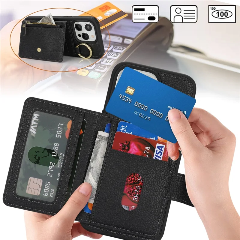 For iPhone 13 Pro Max / 12 Pro Max Case Litchi Textured PU Leather + TPU Kickstand Phone Cover with Card Slot - Black