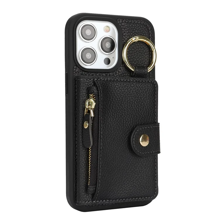 For iPhone 14 Pro Max Case Litchi Textured PU Leather + TPU Kickstand Phone Cover with Card Slot - Black