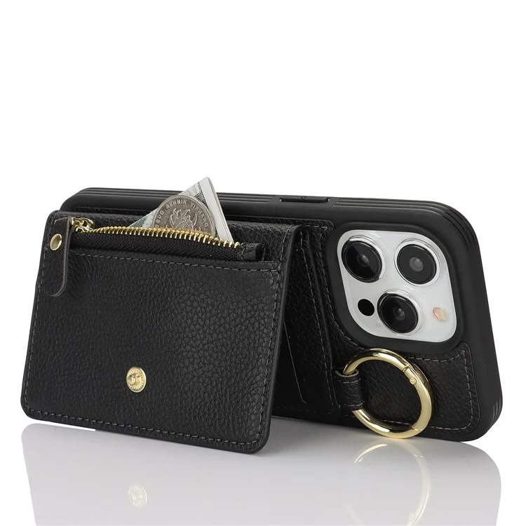 For iPhone 14 Pro Max Case Litchi Textured PU Leather + TPU Kickstand Phone Cover with Card Slot - Black