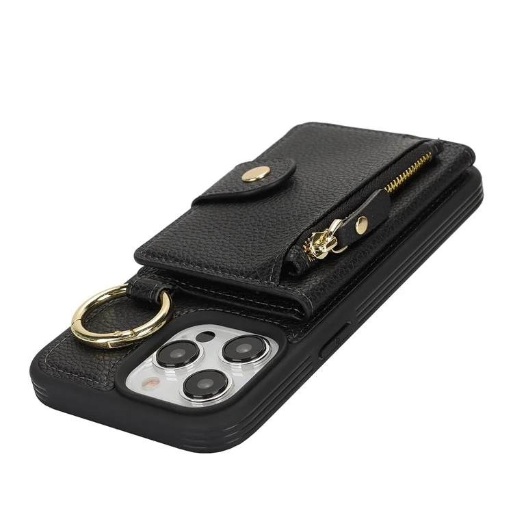 For iPhone 14 Pro Max Case Litchi Textured PU Leather + TPU Kickstand Phone Cover with Card Slot - Black