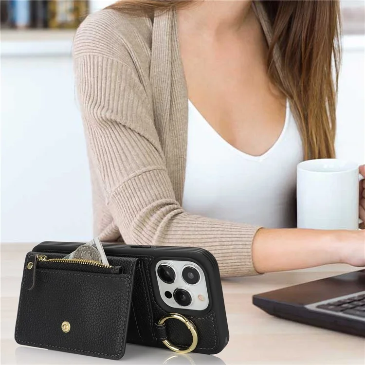 For iPhone 14 Pro Max Case Litchi Textured PU Leather + TPU Kickstand Phone Cover with Card Slot - Black