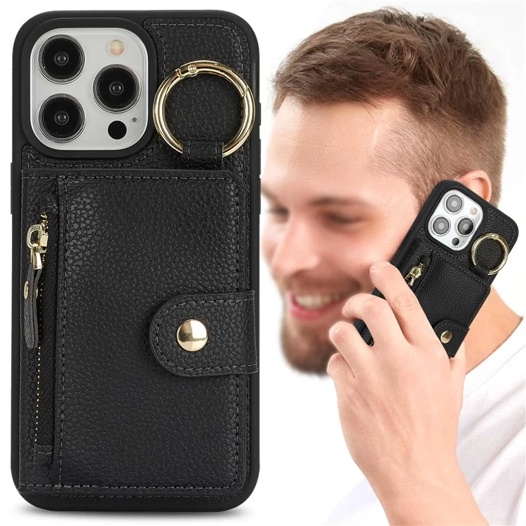 For iPhone 14 Pro Max Case Litchi Textured PU Leather + TPU Kickstand Phone Cover with Card Slot - Black