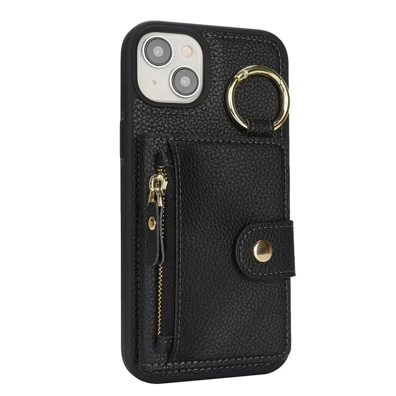 Étui pour iPhone 15 Plus / 14 Plus, Texture Litchi en Cuir PU + Support TPU avec Emplacement pour Carte - Noir